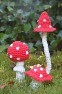 crochet handmade mushroom, autumn, fly agaric, hook up, red with white dots, forest, agaric, nature, white, red, crochet